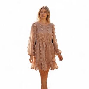 &merci Beige Nude Fairycore Mini Dress Puff Long Sleeves 3D Floral Appliques Sm